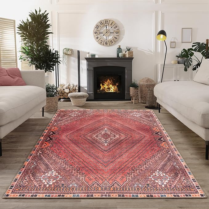 Bloom Rugs Washable Non-Slip 5' x 7' Rug - Red/Multicolor Traditional Bordered Area Rug for Living Room, Bedroom, Dining Room, and Kitchen - Exact Size: 5' x 7'
