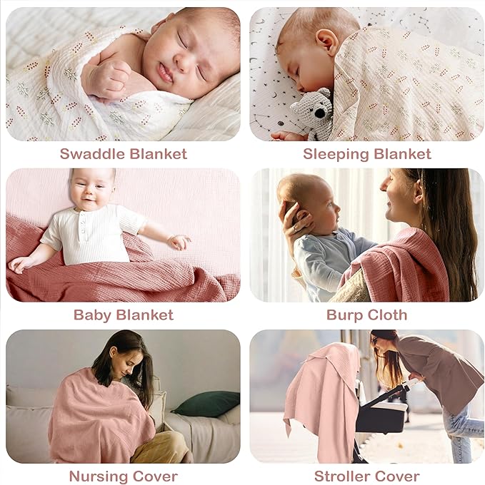 Organic Cotton Muslin Baby Blanket 3 Pack - 38x40 Inch Breathable Swaddle, Hypoallergenic Double-Layer, Versatile Use (Pink, Floral, Rust, 38x40 Inch)