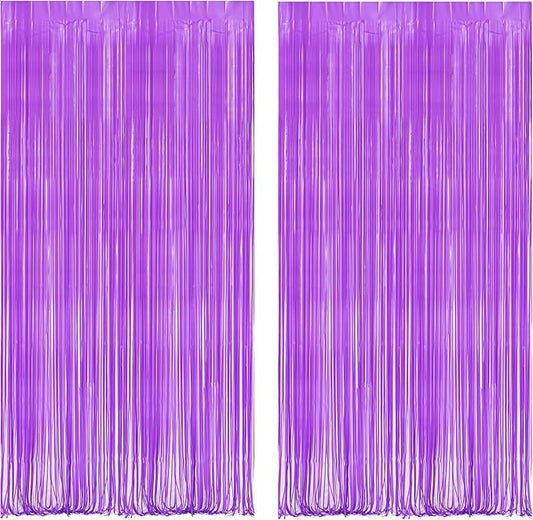 BRAVESHINE Tinsel Photo Backdrop Curtains - 2Pcs 3.2x8.2ft Pastel Purple Foil Fringe Streamer Curtain for Halloween/Easter Birthdays Bachelorette Valentines Mermaid Butterfly Party Decorations