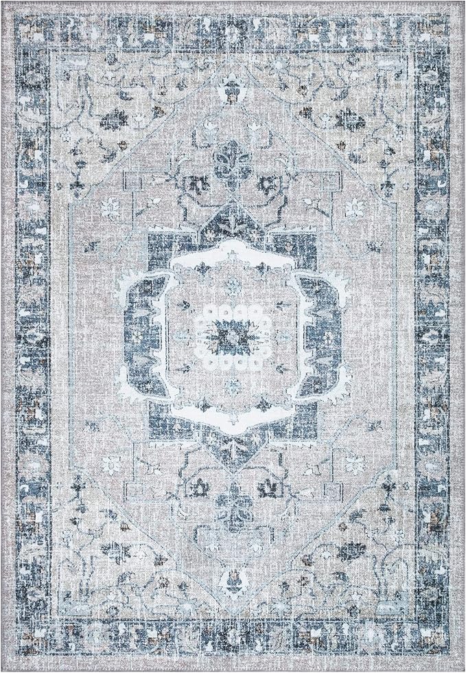 Bloom Rugs Washable Non-Slip 3' x 5' Rug - Pebble Gray/Blue Traditional Medallion Area Rug for Living Room, Bedroom, Dining Room, and Kitchen - Exact Size: 3' x 5'