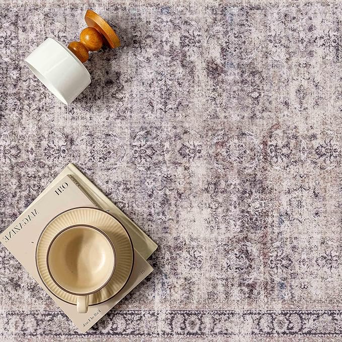 3x5 Purple Area Rug Washable Vintage Distressed Office Carpet Low Pile Entryway Non Slip Indoor Soft Retro Entrance Throw Accent Rug for Kitchen Bathroom Bedroom Dining Living Room