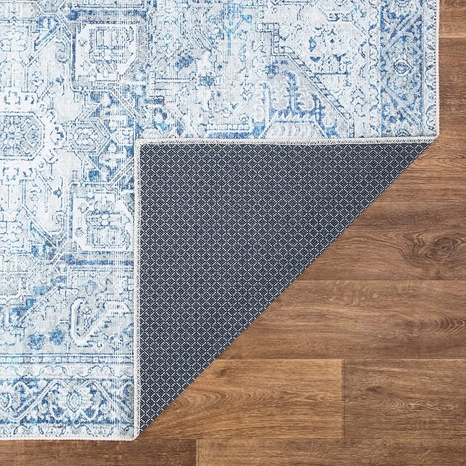 Bloom Rugs Washable Non-Slip 7 ft Runner - Blue/Gray Traditional Runner for Entryway, Hallway, Bathroom, and Kitchen - Exact Size: 2.5' x 7'