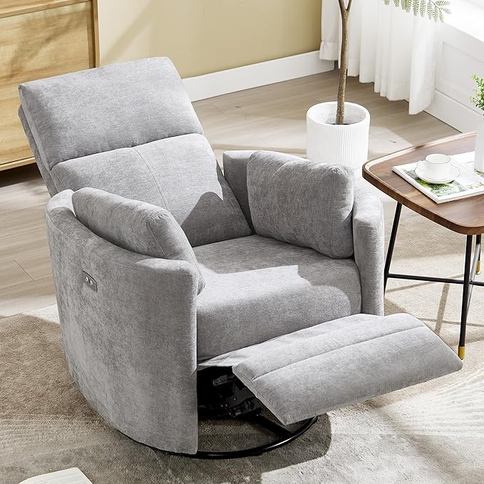 Power Recliner, Upholstered Nursery Adult Swivel Rocking Glider, Electric Recliner Chair with USB Port with 2 Pillows for Living Room Bedroom (LIGHTGREY, Power-Driven)