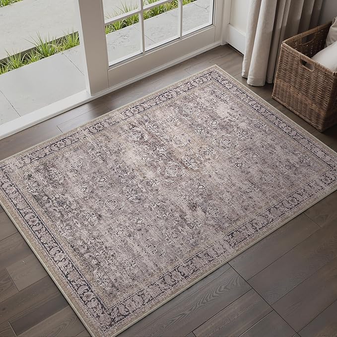 2x3 Purple Area Rug Washable Vintage Distressed Carpet Low Pile Entryway Door Mat Non Slip Indoor Soft Small Retro Entrance Throw Accent Rug for Kitchen Bathroom Bedroom Dining Living Room