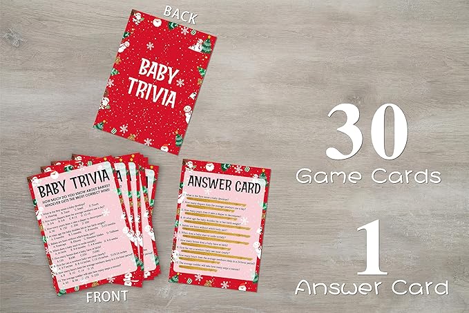Baby Shower Game Cards, Baby Trivia Game, Christmas Party Cards for Gender Neutral, Set of 30 Cards(Chris002)