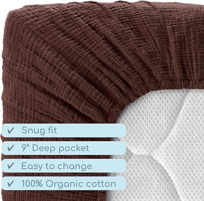 Muslin Crib Sheets, 100% Organic Cotton, Breathable and Ultra-Soft, Standard Crib Sheet Mattress (28"x 52") for Girls and Boys, Neutral Fitted Baby Crib Sheet (Dark Brown)