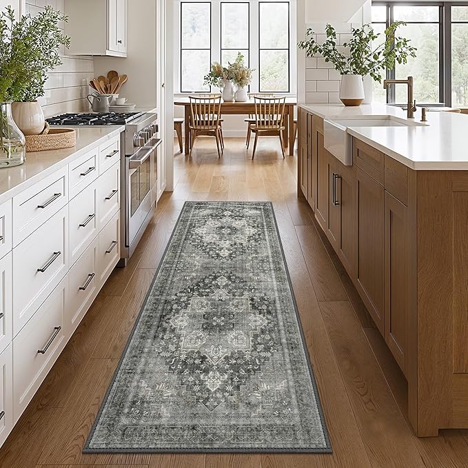GENIMO 2x5 Runner Rugs for Hallway, Machine Washable Non Slip Vintage Rugs, Low Pile Lightweight Soft Print Rug for enrtyway, Corridor, Home Office, Kitchen, Charcoal Gray