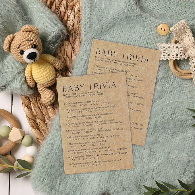 Baby Shower Game Card - Set Of 30 Kraft Paper Double Print - Baby Trivia Game Cards With 1 Answer Card For Baby Boy Girl, Baby Announcements, Gender Reveal Games, Party Favors And Supplies-B10