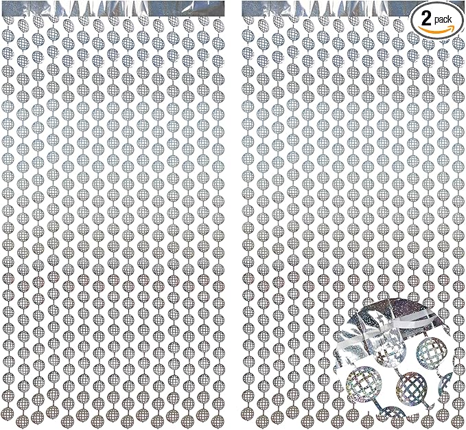 BRAVESHINE Hanging Balls Party Streamers Backdrop - 2 Pack Silver Tinsel Foil Curtain Photo Fringe Backdrop for 70s 80s Party, Birthdays, Bachelorette, Engagement, Music, Dance,New Years Decorations