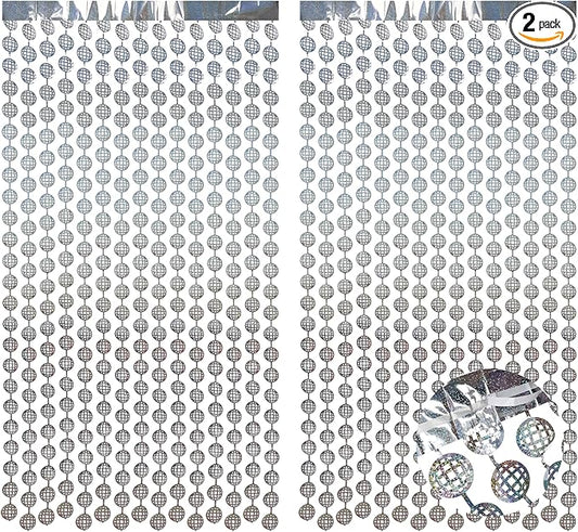 BRAVESHINE Hanging Balls Party Streamers Backdrop - 2 Pack Silver Tinsel Foil Curtain Photo Fringe Backdrop for 70s 80s Party, Birthdays, Bachelorette, Engagement, Music, Dance,New Years Decorations