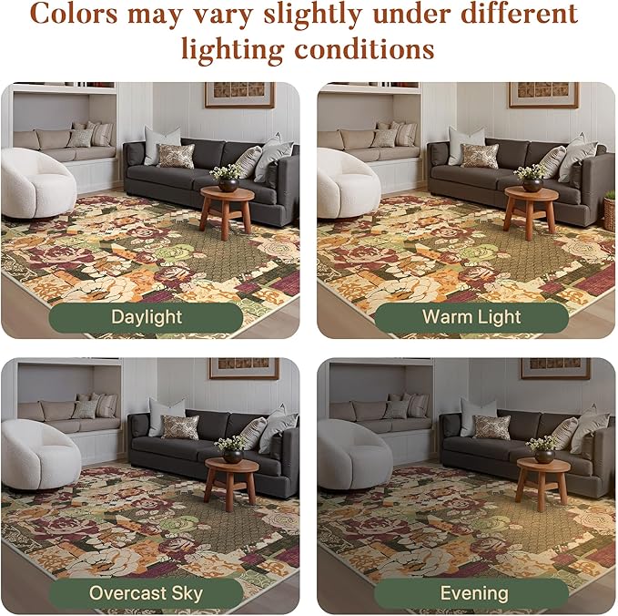 GENIMO Area Rug 2x3 Doormat, Machine Washable Low Pile Rugs, Small Floral Patchwork Retro Chenille Entryway Mat for Entrance, Hallway, Kitchen and Corridor, Auburn Cinnamon