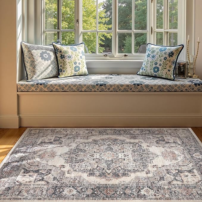 jinchan Area Rug 4x6 Washable Vintage Rug Floor Cover Traditional Thin Grey Multi Distressed Floral Print Indoor Mat for Bedroom Living Room Kitchen Dining Room