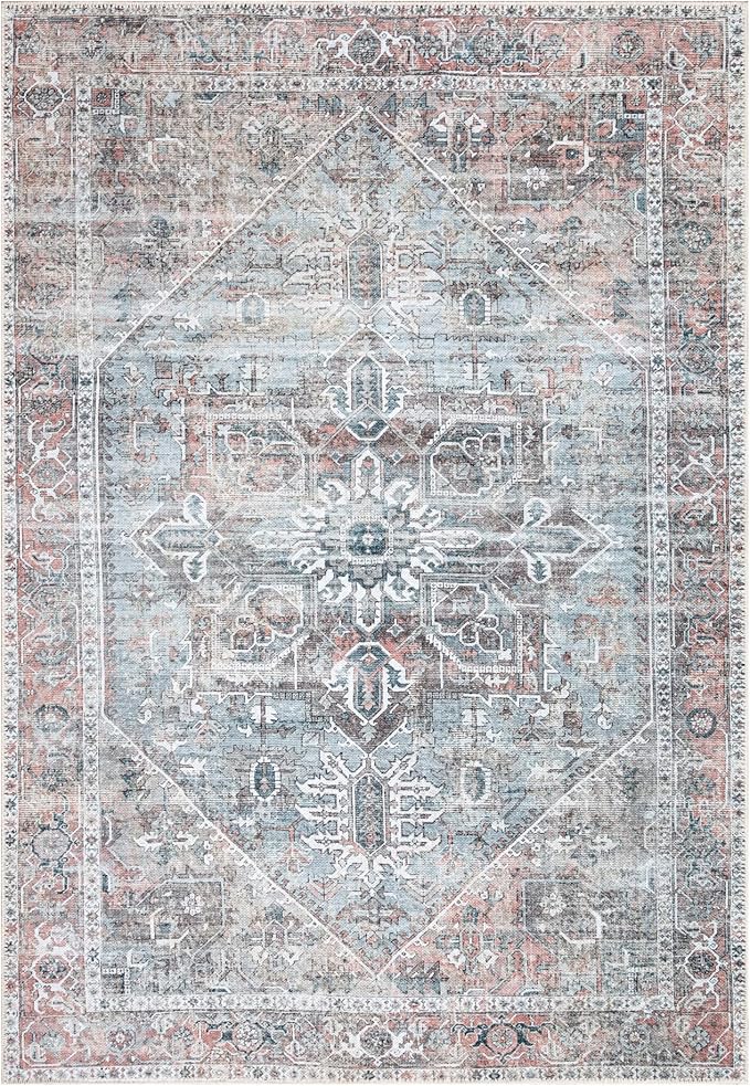 Bloom Rugs Washable Non-Slip 6' x 9' Rug - Light Pink/Light Blue Traditional Medallion Area Rug for Living Room, Bedroom, Dining Room, and Kitchen - Exact Size: 6' x 9'