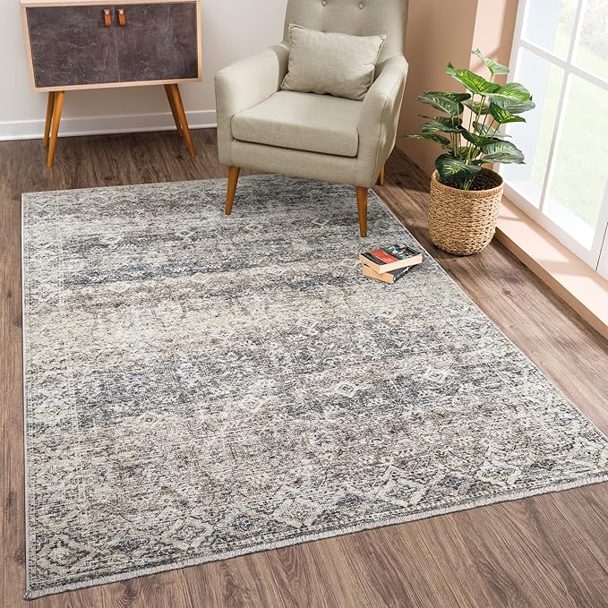 Bloom Rugs Caria Washable Non-Slip 4x6 Rug - Beige Brown/Teal Traditional Area Rug for Living Room, Bedroom, Dining Room, and Kitchen - Exact Size: 4' x 6'