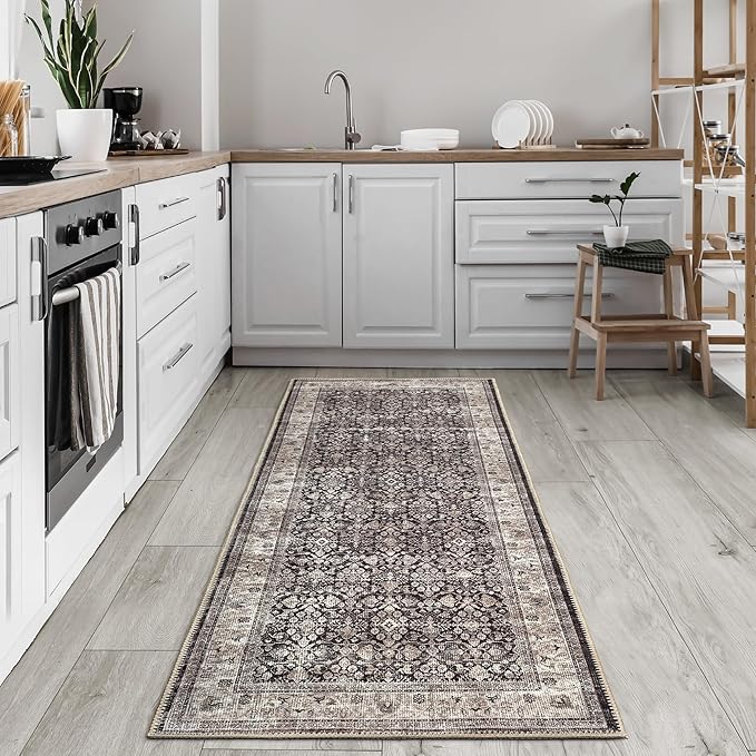 Bloom Rugs Washable Non-Slip 12 ft Runner - Charcoal/Beige Traditional Bordered Runner for Entryway, Hallway, Bathroom, and Kitchen - Exact Size: 2.5' x 12'
