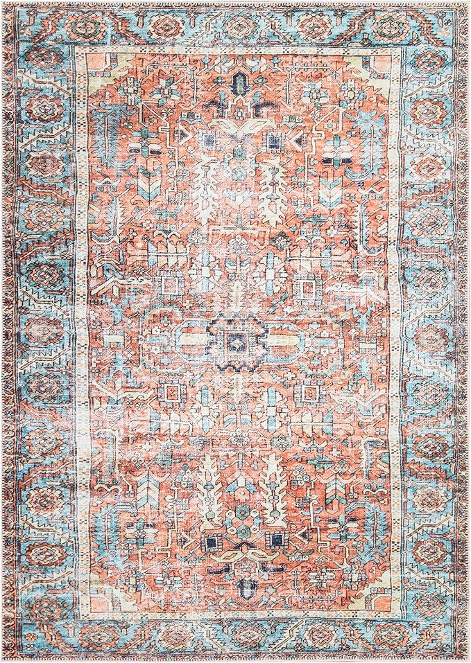 Bloom Rugs Washable Non-Slip 2' x 3' Rug - Orange/Blue Traditional Oriental Area Rug for Living Room, Bedroom, Dining Room, and Kitchen - Exact Size: 2' x 3'