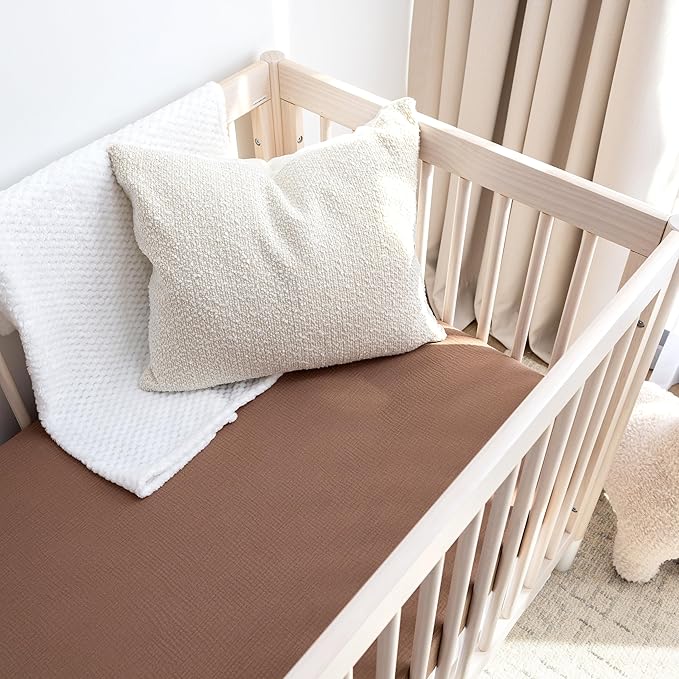 Muslin Crib Sheets, 100% Organic Cotton, Breathable and Ultra-Soft, Standard Crib Sheet Mattress (28"x 52") for Girls and Boys, Neutral Fitted Baby Crib Sheet (Brown)