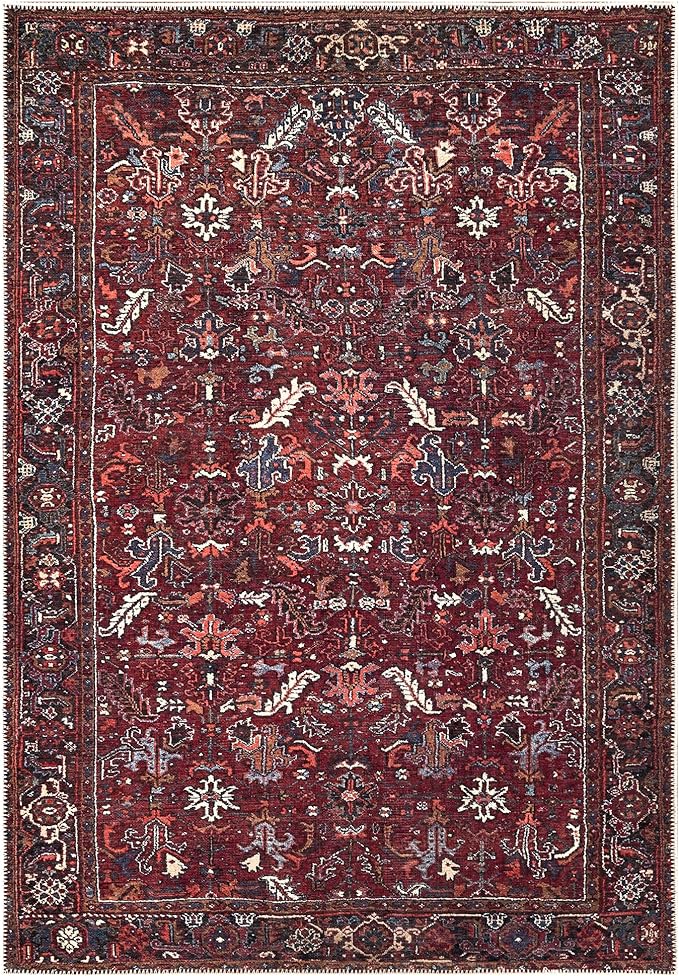 Bloom Rugs Washable Non-Slip 4' x 6' Rug - Burgundy Traditional Bordered Area Rug for Living Room, Bedroom, Dining Room, and Kitchen - Exact Size: 4' x 6'