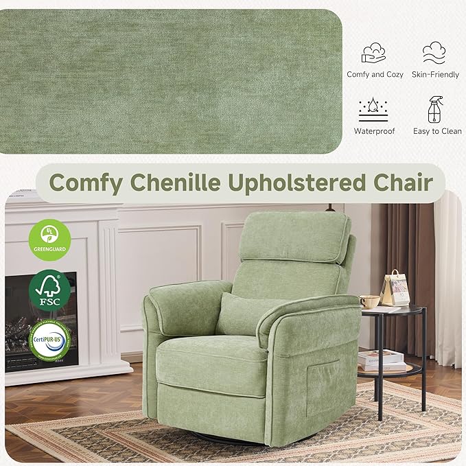 MELLCOM Power Recliner Rocking Chair Nursery Gliders with Adjustable Armrests and Headrest, Swivel Electric Glider Reclining Nursing Chair with USB Port and Storage Bags, FSC Certified(Fabric, Green)