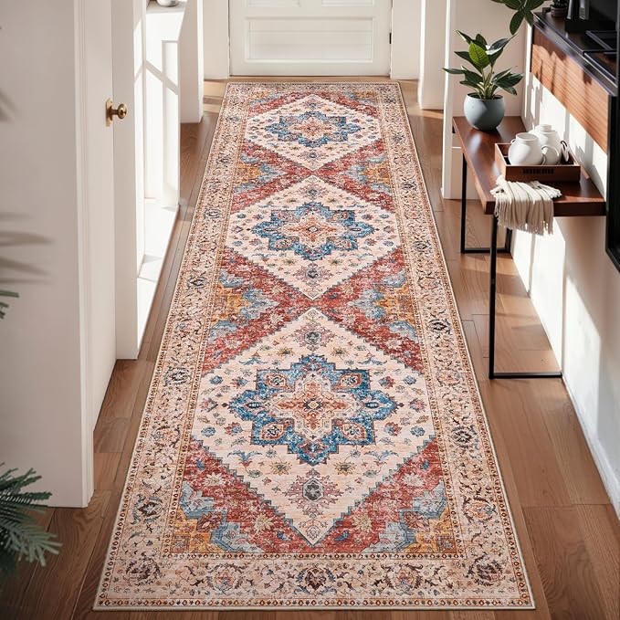 Ciicool Washable Vintage Runner Rug - 2'6" x 10' ft Hallway Carpet, Boho Low Pile Long Non Slip Soft Stair Runner Kitchen Carpet Indoor Oriental Throw for Living Room Bathroom Entry