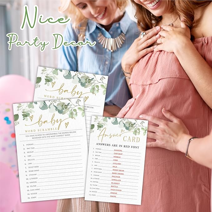 Baby Word Scramble Baby Shower Game Cards - Golden Greenery - 30 Double-Sided Fill In Style Game Cards With Answer Card, Gender Reveal, Baby Announcement, Party Games & Activity - D14
