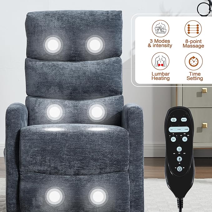 Manual Swivel Rocker Recliner Chair with Massage, Overstuffed Recliner Glider with Vibration Massage and Heat for Nursery, Living Room Reclining Sofa Chair, Fabric Blue