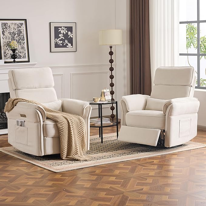 MELLCOM Power Recliner Rocking Chair Nursery Gliders with Adjustable Armrests and Headrest, Swivel Electric Glider Reclining Nursing Chair with USB Port and Storage Bags, FSC Certified