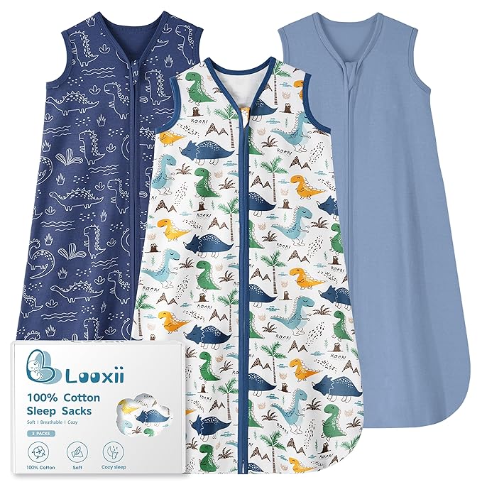 Looxii Baby Sleep Sack 0.5 TOG, 100% Cotton 3 Pack Wearable Blanket Baby Sleep Bag for Newborn Infant, 2-Way Zipper Lightweight Toddler Sleeping Sack 6-12 Months