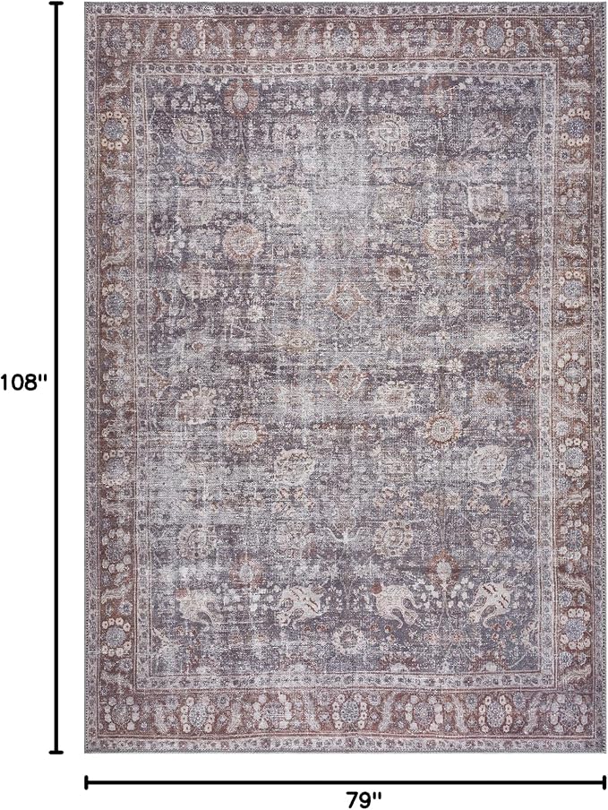 Bloom Rugs Washable 6' x 9' Rug - Brown/Dark Gray Traditional Area Rug for Living Room, Bedroom, Dining Room, and Kitchen - Exact Size: 6' x 9'