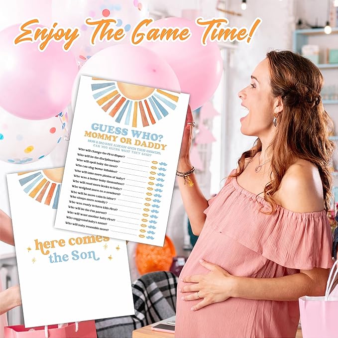 Sunshine Guess Who? Baby Shower Game Kit - Retro Here Comes The Sun - 30 Double-Sided Fill In Game Cards For Baby Shower, Gender Reveal Party Favor, Activity & Supplies - A04