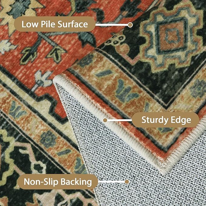 GENIMO 8x10 Area Rugs for Living Room, Machine Washable Non Slip Vintage Rugs, Low Pile Lightweight Chenille Print Rug for Bedroom, Dining Room, Home Office,Desert Ember