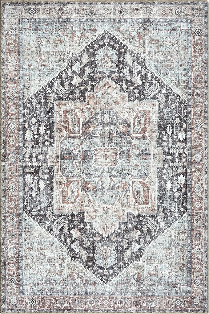Bloom Rugs Washable Non-Slip 6' x 9' Rug - Charcoal/Brown Traditional Medallion Area Rug for Living Room, Bedroom, Dining Room, and Kitchen - Exact Size: 6' x 9'