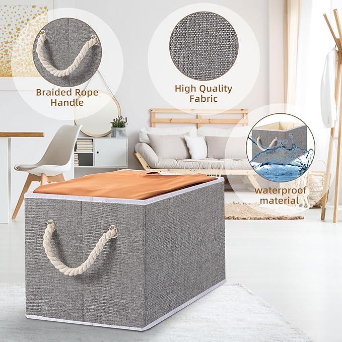 Yawinhe Foldable Storage Basket 3-Pack, Large Fabric Bins with Rope Handle, Used for Organizing Shelves, Closets, Clothes, 12.99''Lx9.05''Wx7.87''H, Grey