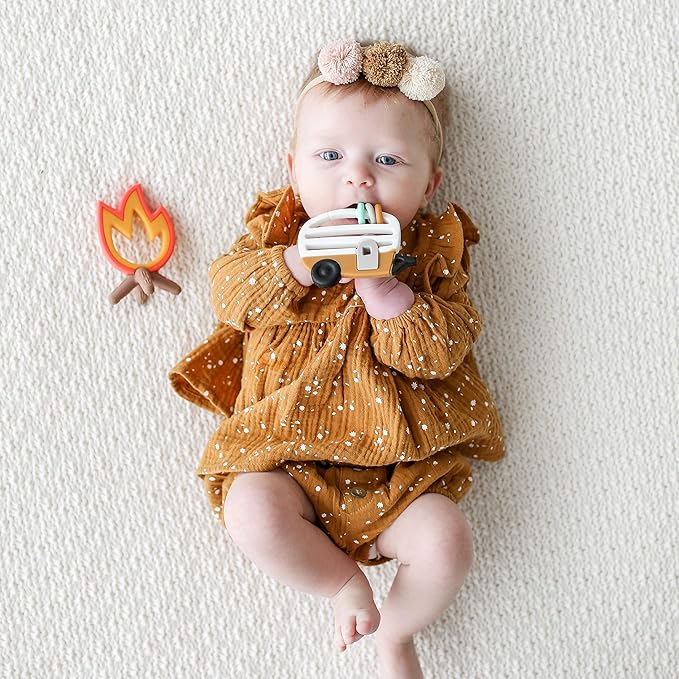 Lucy Darling Little Camper Baby Teether Set – 2 Textured Silicone Teething Toys (Camper & Campfire) for Babies 3–6 Months | BPA-Free, Easy to Hold & Clean | Baby Registry & Shower Gift