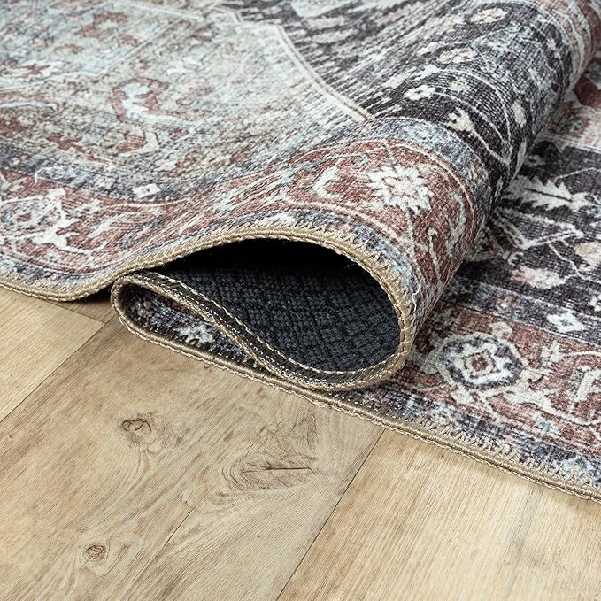 Bloom Rugs Washable Non-Slip 10 ft Runner - Charcoal/Brown Traditional Medallion Runner for Entryway, Hallway, Bathroom, and Kitchen - Exact Size: 2.5' x 10'
