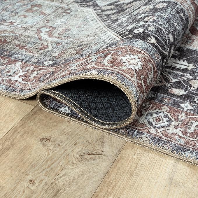 Bloom Rugs Washable Non-Slip 8' x 10' Rug - Charcoal/Brown Traditional Medallion Area Rug for Living Room, Bedroom, Dining Room, and Kitchen - Exact Size: 8' x 10'
