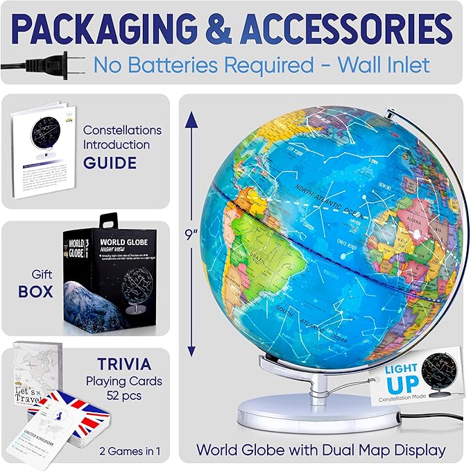 9" Illuminated Educational Kids World Globe + STEM Flags & Countries Interactive Card Game. 3 in 1 Children Desktop Spinning Earth Political & Constellation Maps, LED Night Light Lamp