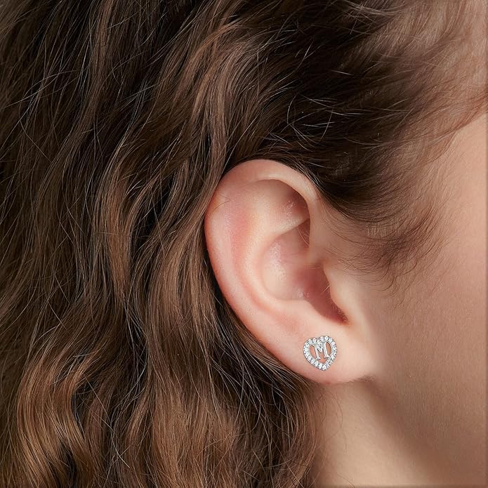 Initial Heart Earrings for Girls, Sterling Silver Post Silver/Rose Gold Heart Initial Stud Earrings for Little Girls Kids Baby Earrings Non Tarnish Hypoallergenic Earrings for Teen Girls Gifts Jewelry