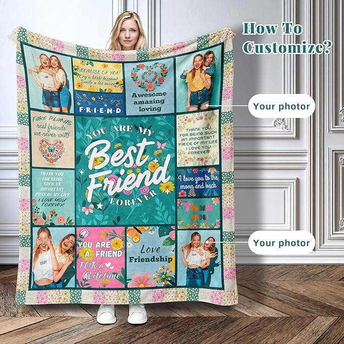 BFF Best Friend Custom Personalized Blanket Thow Gifts with Photo, Customized Pictures Blankets Gift for Sister Women Girls Christmas Birthday (Green Grid Friend)