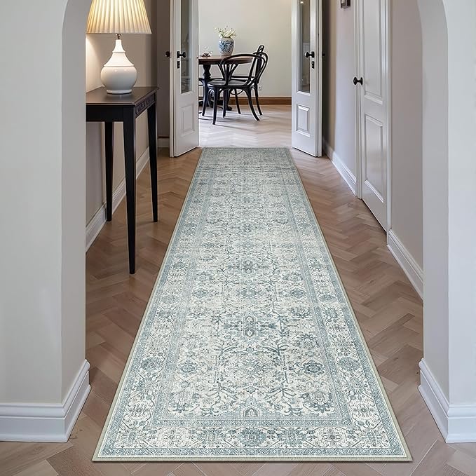 Blue Runner Rug 3x10 Vintage Area Carpet Hallway Long Indoor Kitchen Washable Living Room Low Pile Traditional Distressed Retro Accent Throw Rug Non Slip Laundry Bathroom Office Dining Room