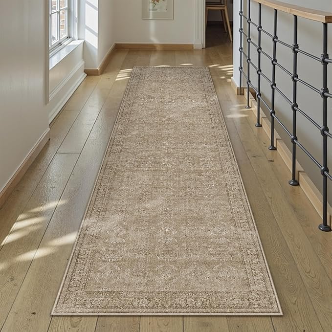 2x12 Light Brown Area Rug Runners for Hallways Washable Vintage Distressed Carpet Low Pile Non Slip Indoor Retro Soft Long Accent Rug Bedroom Kitchen Bathroom Laundry Dining Living Room