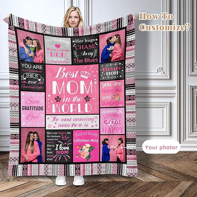 Personalized Mothers Day Birthday for Mom Custom Throw Blanket with Pictures, Customized Photo Blankets Gift for Mom Women Grandma Wife from Daughter Son Kids Husband(mom Grid)