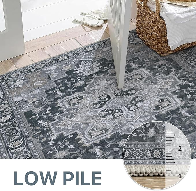 GENIMO 2'6''x12 Runner Rugs for Hallway, Machine Washable Non Slip Vintage Rugs, Low Pile Lightweight Soft Print Rug for enrtyway, Corridor, Home Office, Kitchen,Dark Gray