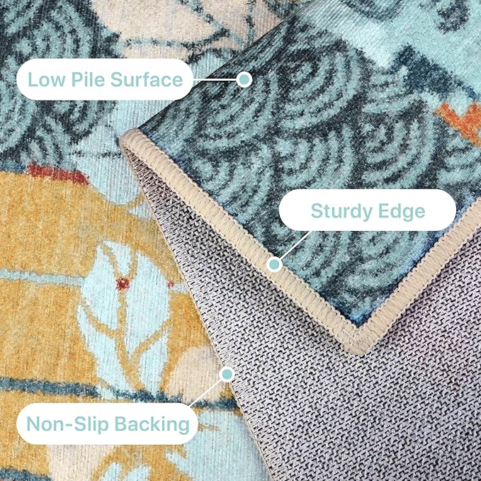 GENIMO 5X7 Floral Area Rugs for Living Room, Machine Washable Non Slip Vintage Patchwork Washable Rug, Ultra-Thin Low Pile Chenille Rugs for Bedroom, Dining Room, Navy Blue