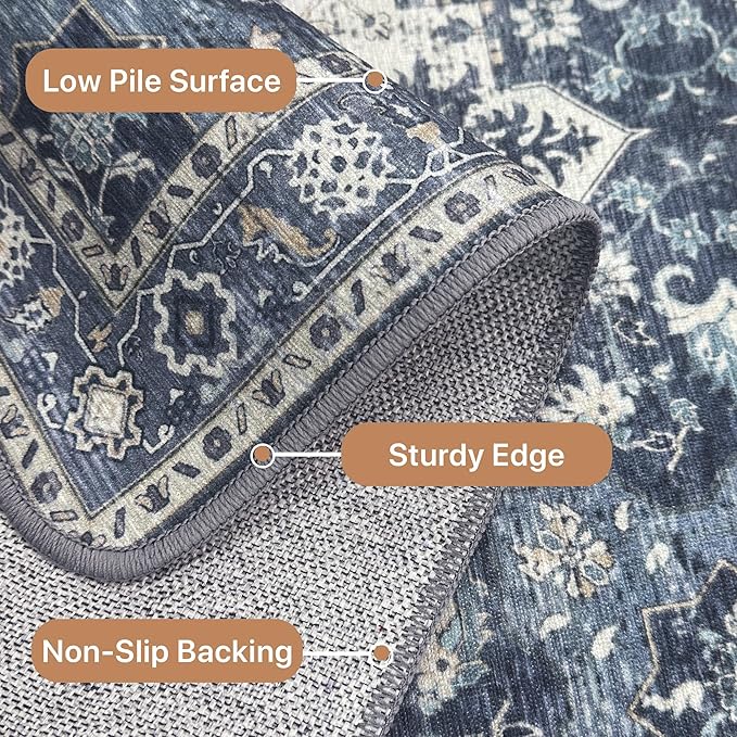 GENIMO 2x7 Runner Rugs for Hallway, Machine Washable Non Slip Vintage Rugs, Low Pile Lightweight Soft Print Rug for enrtyway, Corridor, Home Office, Kitchen, Center Blue