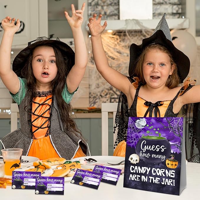 Halloween How Many Candy Corns Are In The Jar - 1 Standing Sign & 50 Guessing Cards - Halloween Witch Bowl Party Game & Decoration For Boys, Girls, Adults - Baby Shower, Birthday Game Set - A10