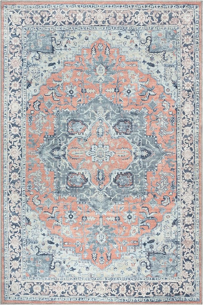 Bloom Rugs Washable Non-Slip 6' x 9' Rug - Coral/Blue Traditional Medallion Area Rug for Living Room, Bedroom, Dining Room, and Kitchen - Exact Size: 6' x 9'