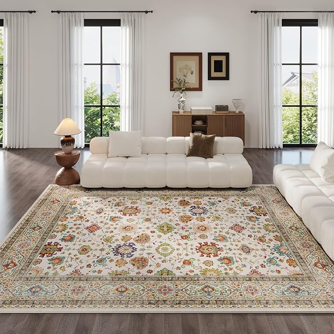 Living Room Rug 6x9 Rug Machine Washable Boho Area Rug Non Slip Vintage Low Pile Large Rug for Living Room, Bedroom, Farmhouse, Dining Room, Kids Playroom (Colorful)