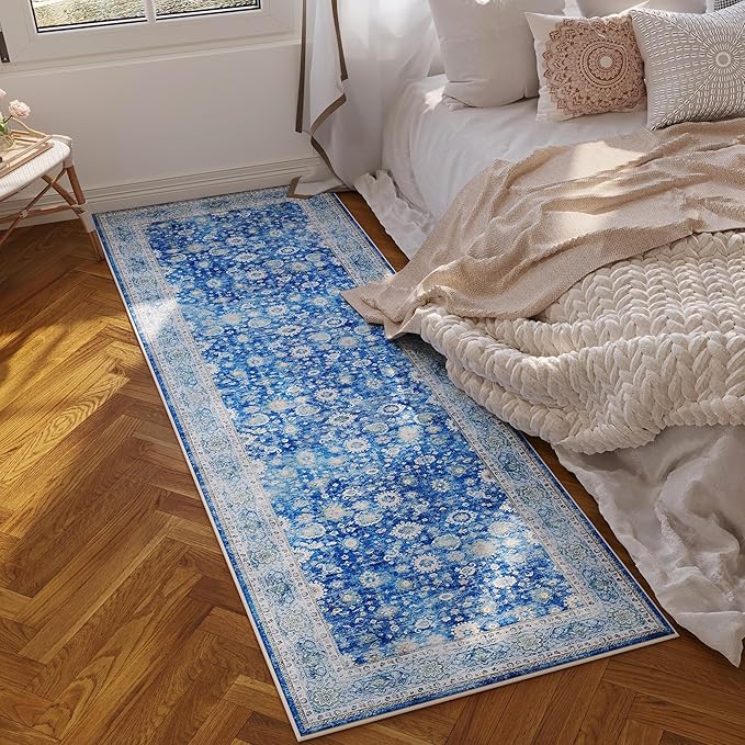 Runner Rug 2'x6' Hallway Washable Boho Rug Soft Area Rug Non-Slip Non-Shedding Faux Wool Vintage for Kitchen, Entryway, Laundry, Bedroom, Indoor (Blue)