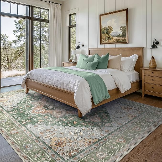 GENIMO 5x7 Area Rugs for Living Room, Machine Washable Non Slip Vintage Rugs, Low Pile Lightweight Chenille Print Rug for Bedroom, Dining Room, Home Office,Sage Green